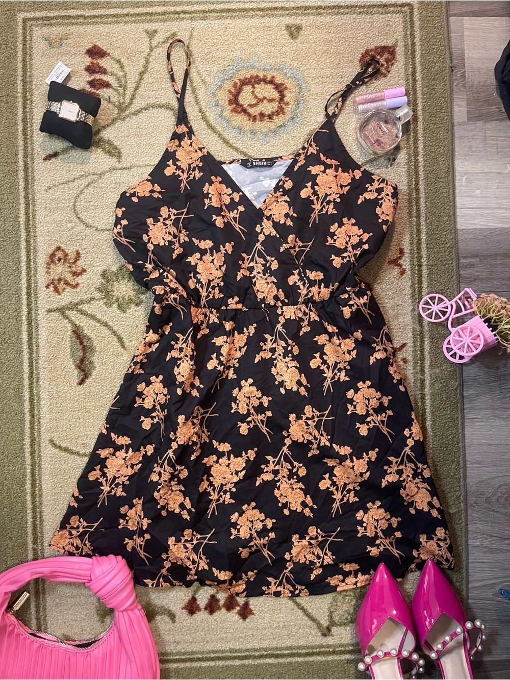 Shein Black Dress with Light Brown Floral Print